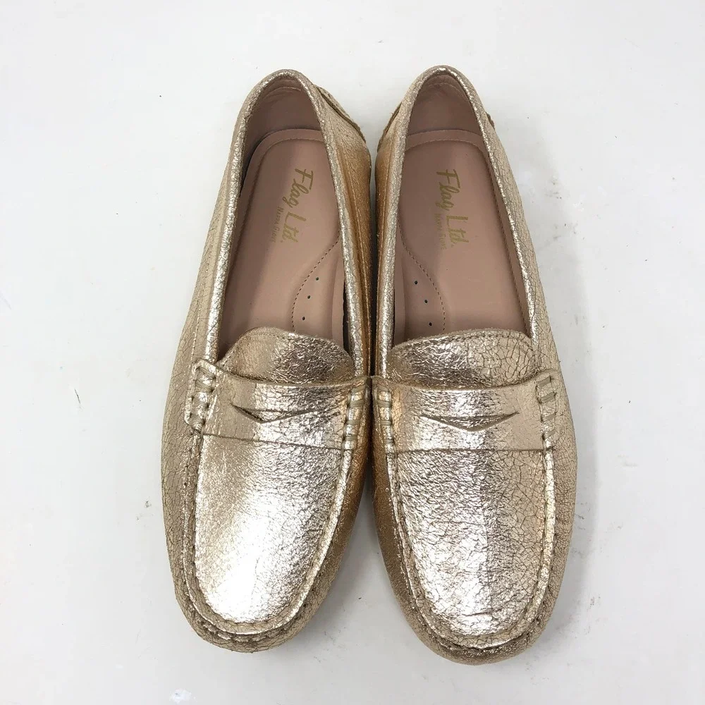 Flag Ltd Womens 6.5 Metallic Gold Leather Penny‎ Loafers Driving Shoe